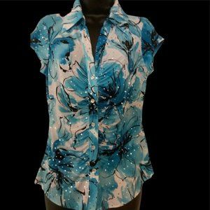 Womens turquoise and white print blouse with ruching. Sz. S. Great condition